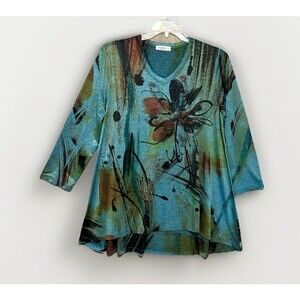 Jess & Jane Blouse Knit Top Pullover Teal Women's Large Abstract Green USA Made